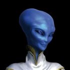 Blue humanoid female alien with intricate patterns on head and shoulders against black background
