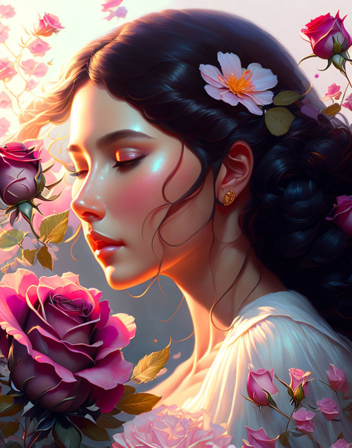 Portrait of woman with dark hair surrounded by pink roses in warm lighting