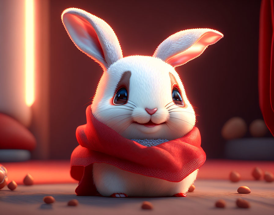 Adorable animated rabbit with red scarf in cozy setting