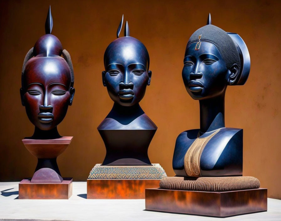 African-Influenced Stylized Human Head Sculptures on Earth-Toned Background