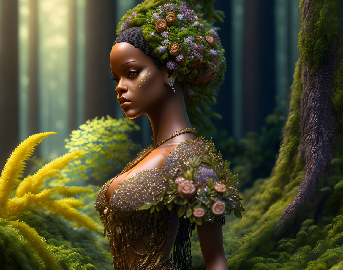 Digital artwork: Woman with floral hair in forest with sunbeams