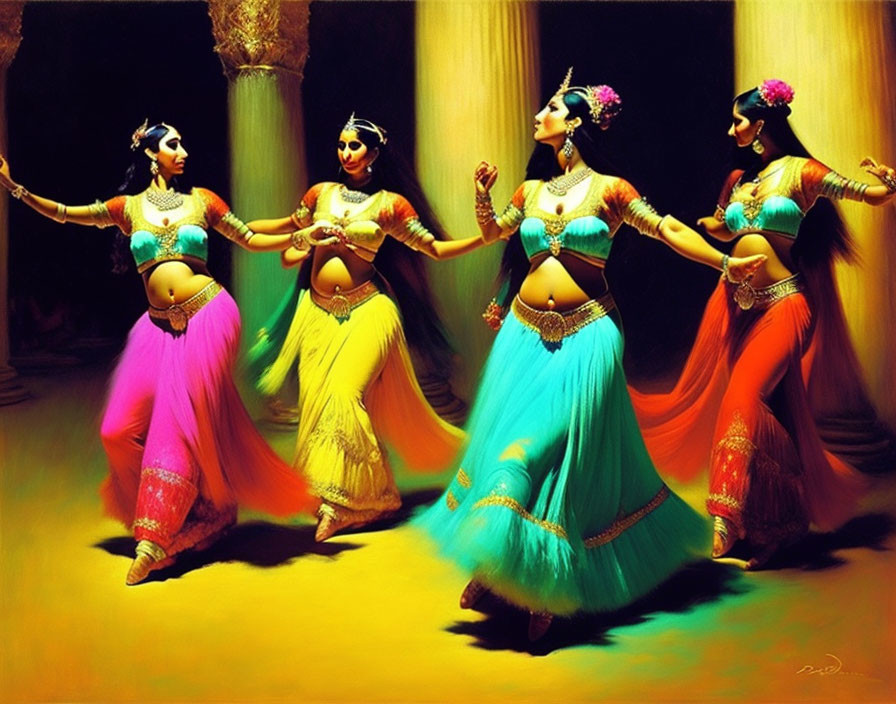 Four Women in Vibrant Indian Dance Attire Against Dark Background