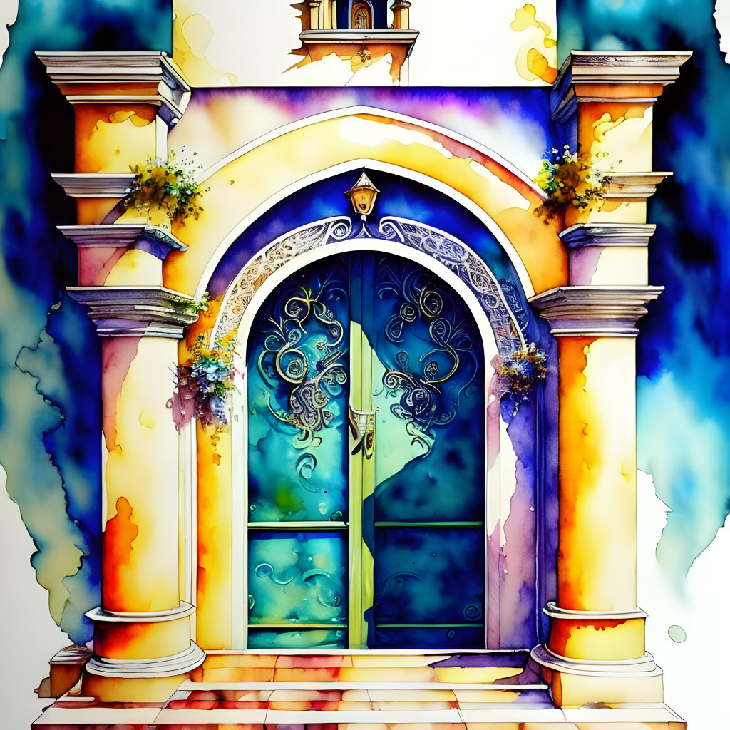 Vibrant watercolor painting of ornate arched doorway