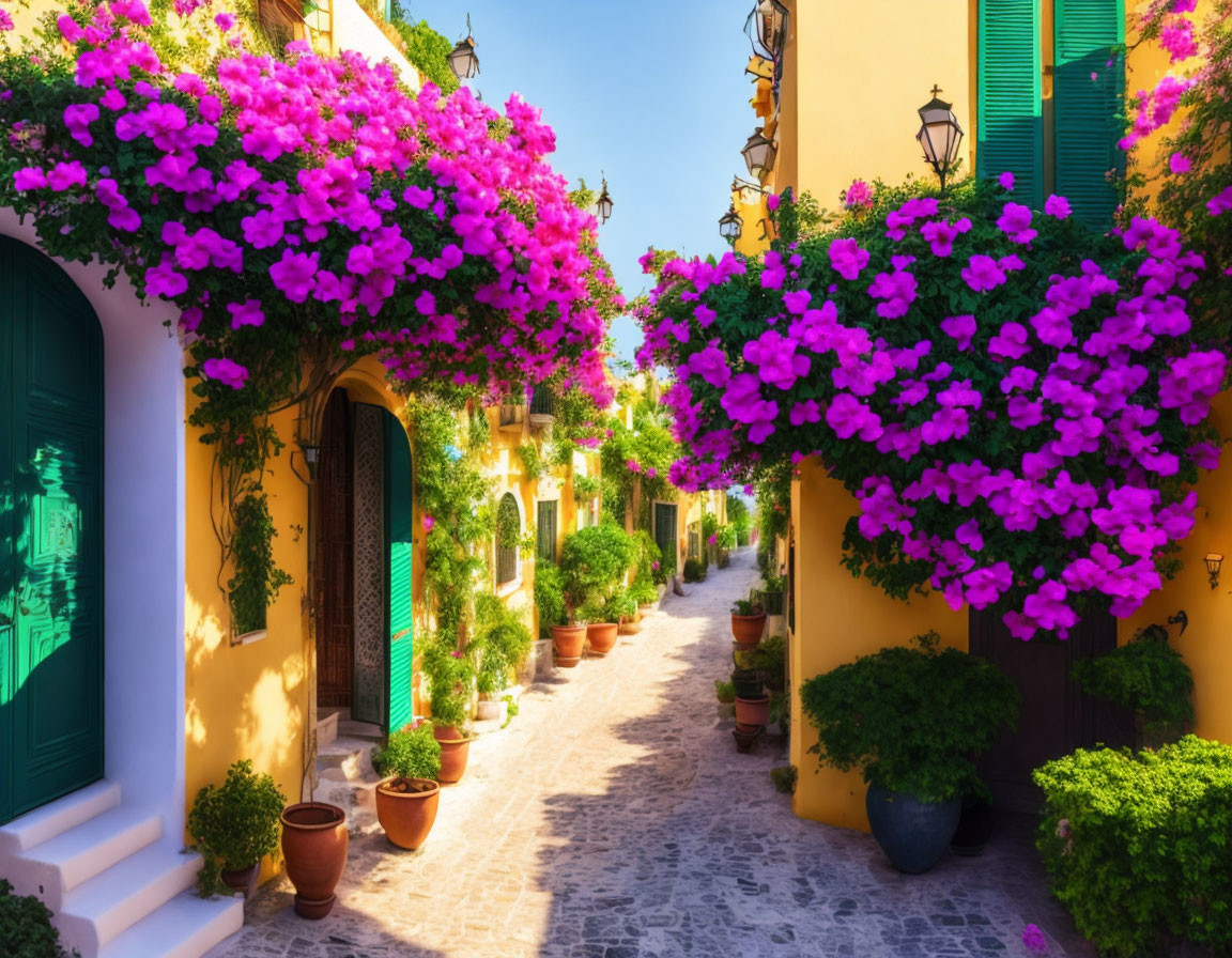 Colorful houses and bougainvillea on cobblestone street.