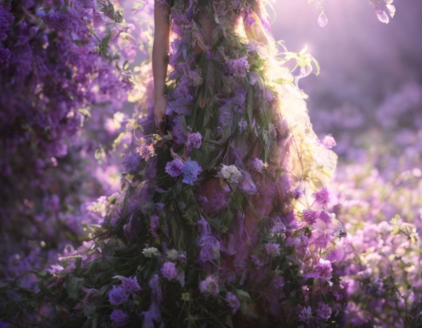 Purple flowers surrounding a soft silhouette in ethereal light and mist