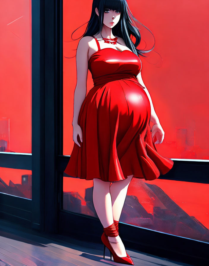 an anime pregnant girl in red