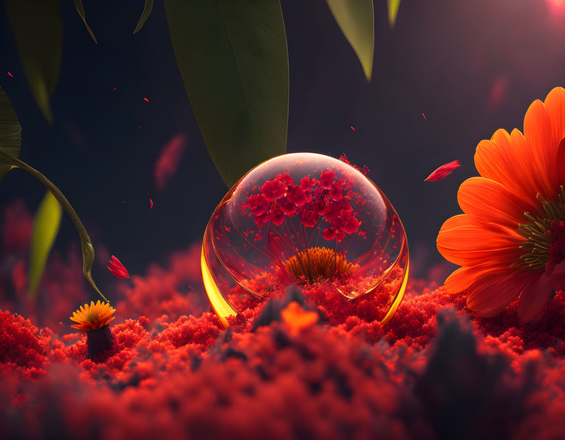 Transparent sphere with vibrant red flowers, orange blooms, and moss under dark blue sky