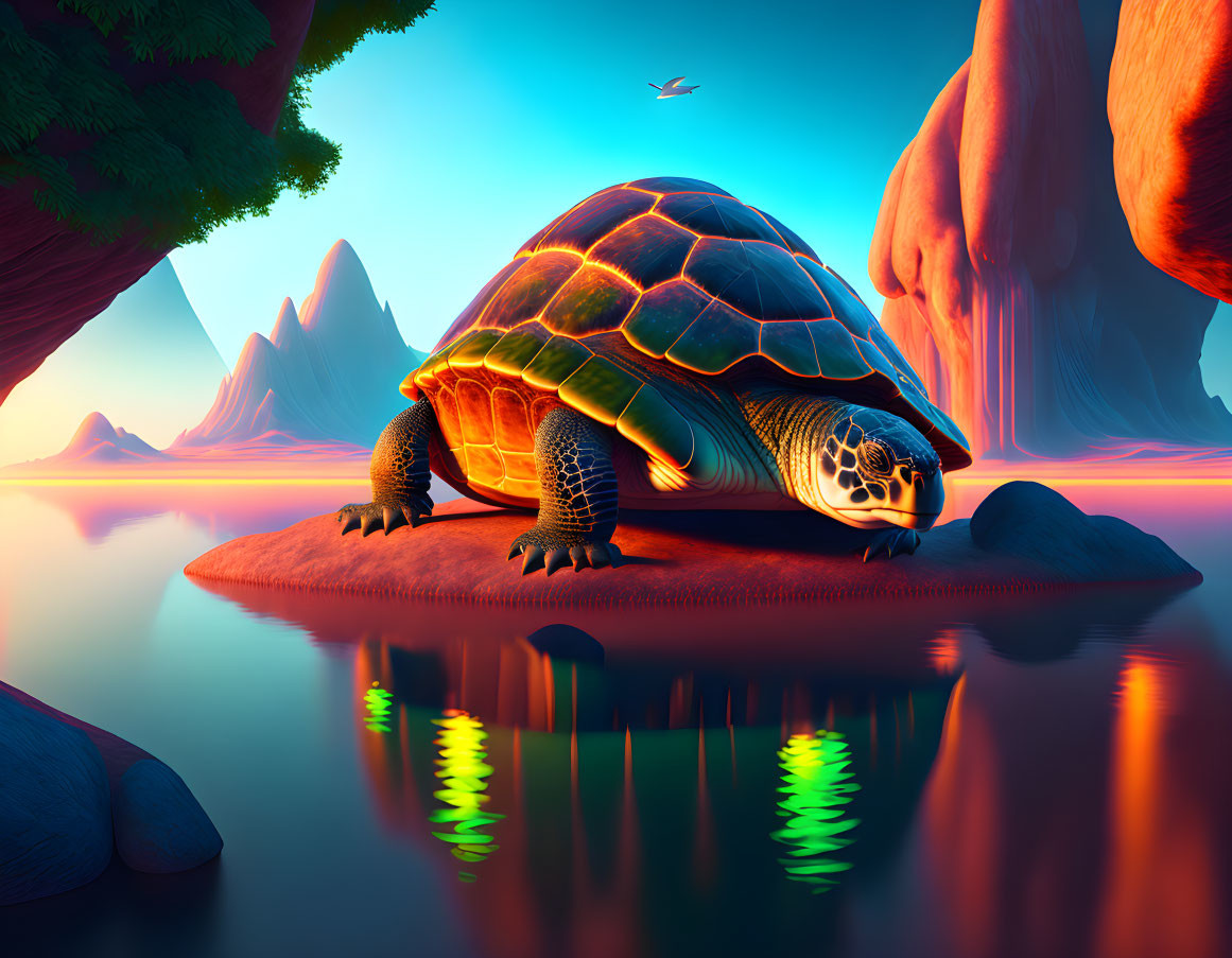 Vibrant digital art: Giant turtle on tranquil lake, surreal rock formations, sunset sky
