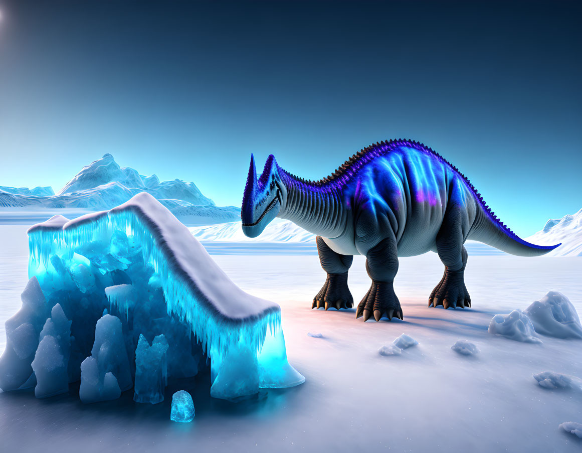 Blue-striped dinosaur next to glowing ice formation in snowy landscape