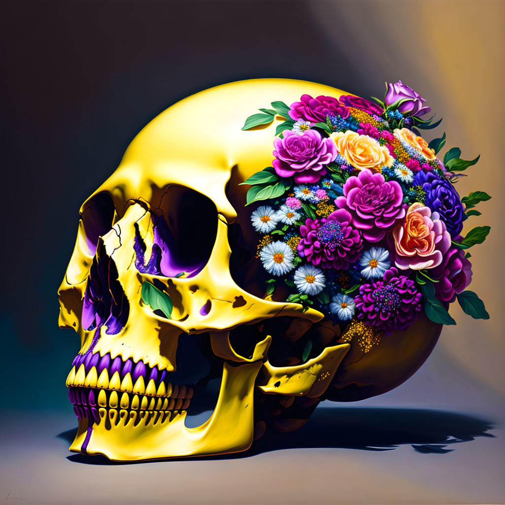 Digitally-rendered gold skull with colorful flowers on one side against shaded backdrop
