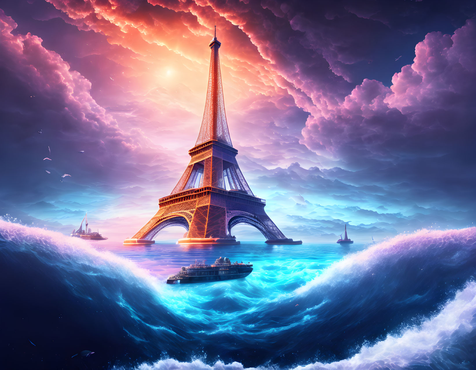 Iconic Eiffel Tower in surreal landscape with pink clouds and blue waters