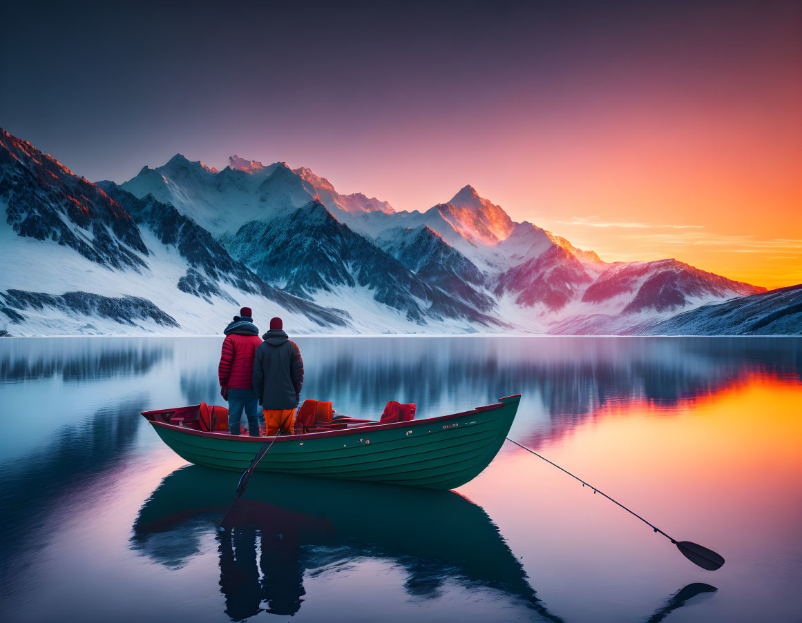 Scenic sunrise over tranquil mountain lake viewed from boat
