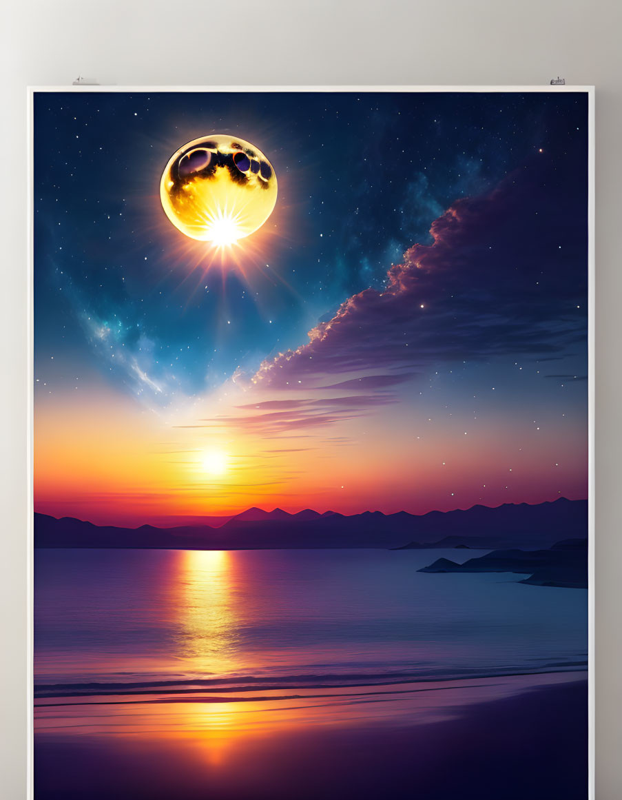 Surreal art: Sun setting over calm sea, mountains, starry sky, fantasy moon.