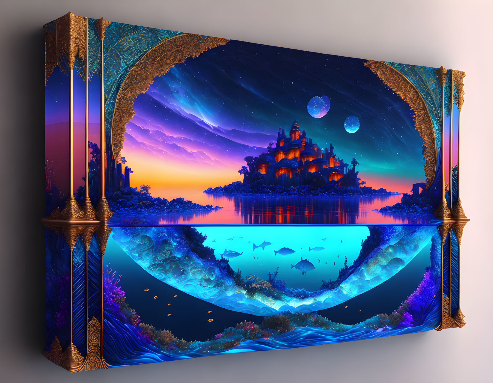 Surreal 3D Artwork: Fantasy Landscape with Castle, Sunset Skies, Ocean
