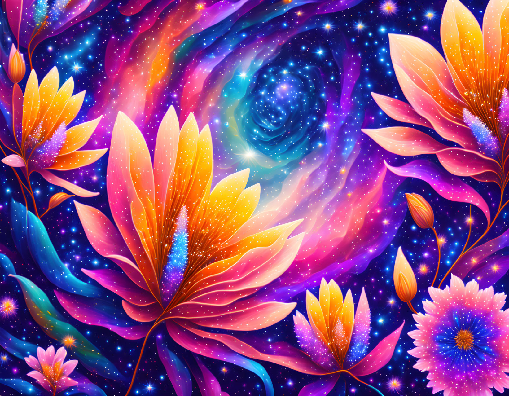 Colorful cosmic scene with swirling galaxies and stylized flowers in purple and orange hues