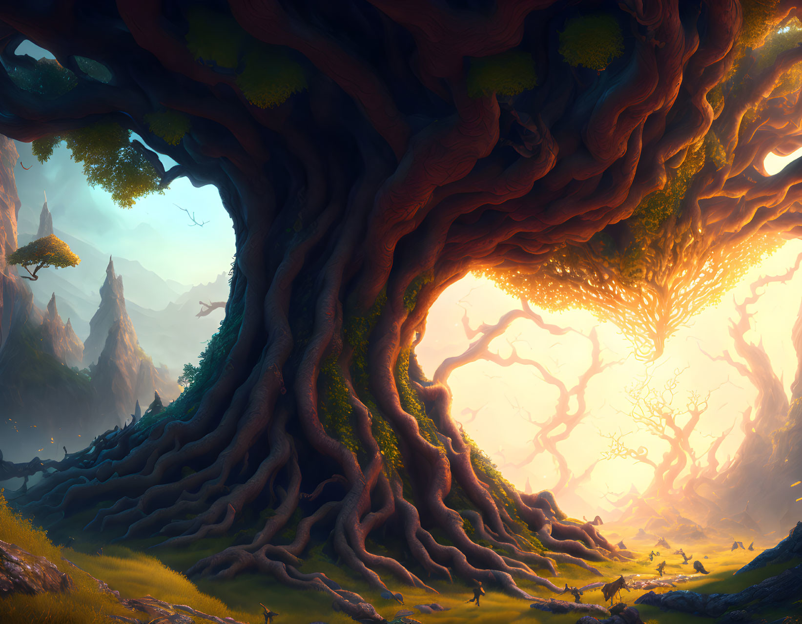Gigantic ancient tree in mystical landscape with glowing tree