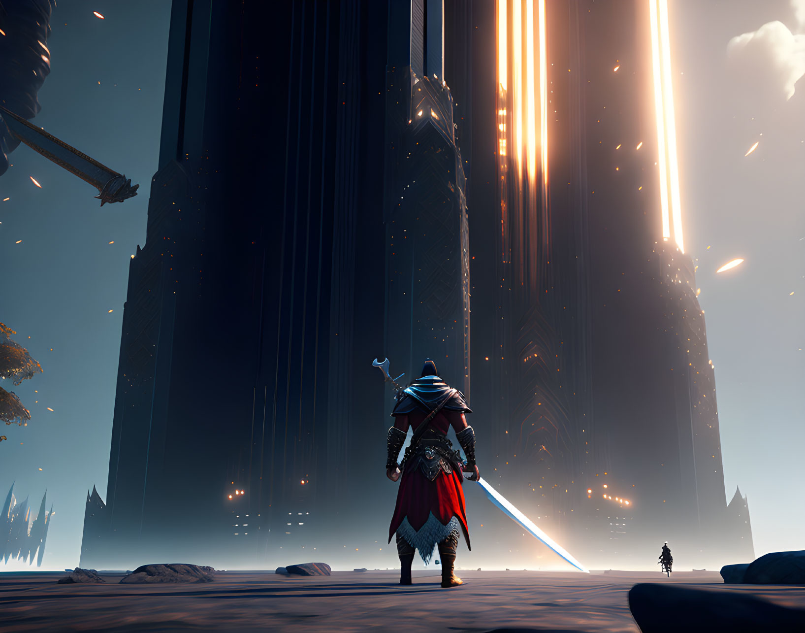 Warrior in Red and Blue Armor Observing Towering Structure Emitting Beams of Light