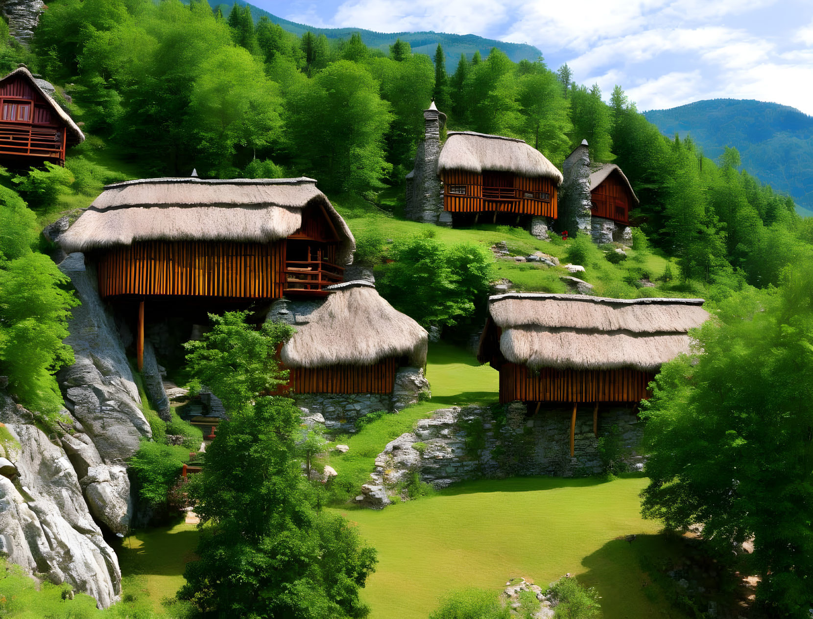 Thatched-Roof Cottages in Verdant Hills and Meadow