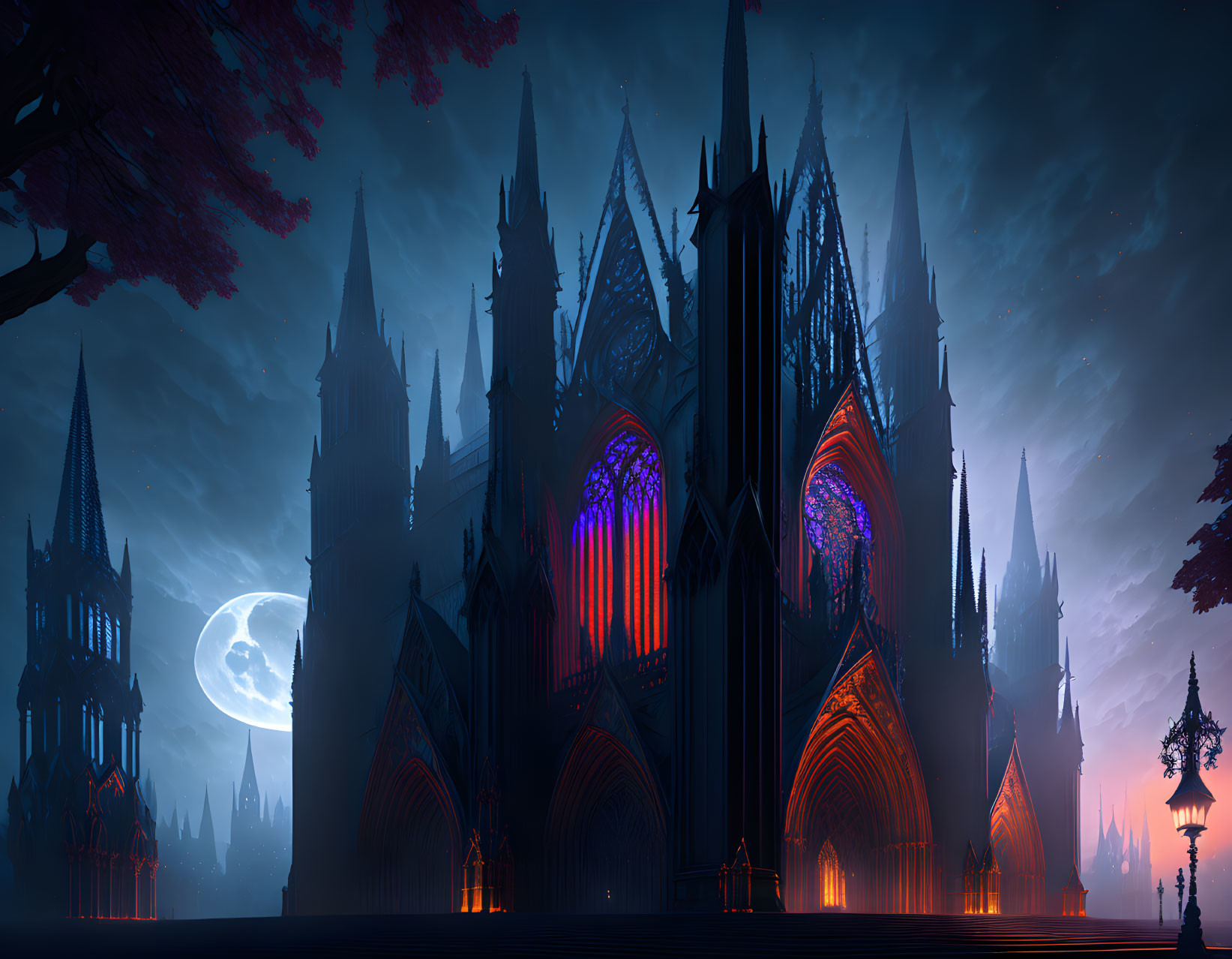 Gothic Cathedral Night Scene with Stained Glass Windows & Full Moon