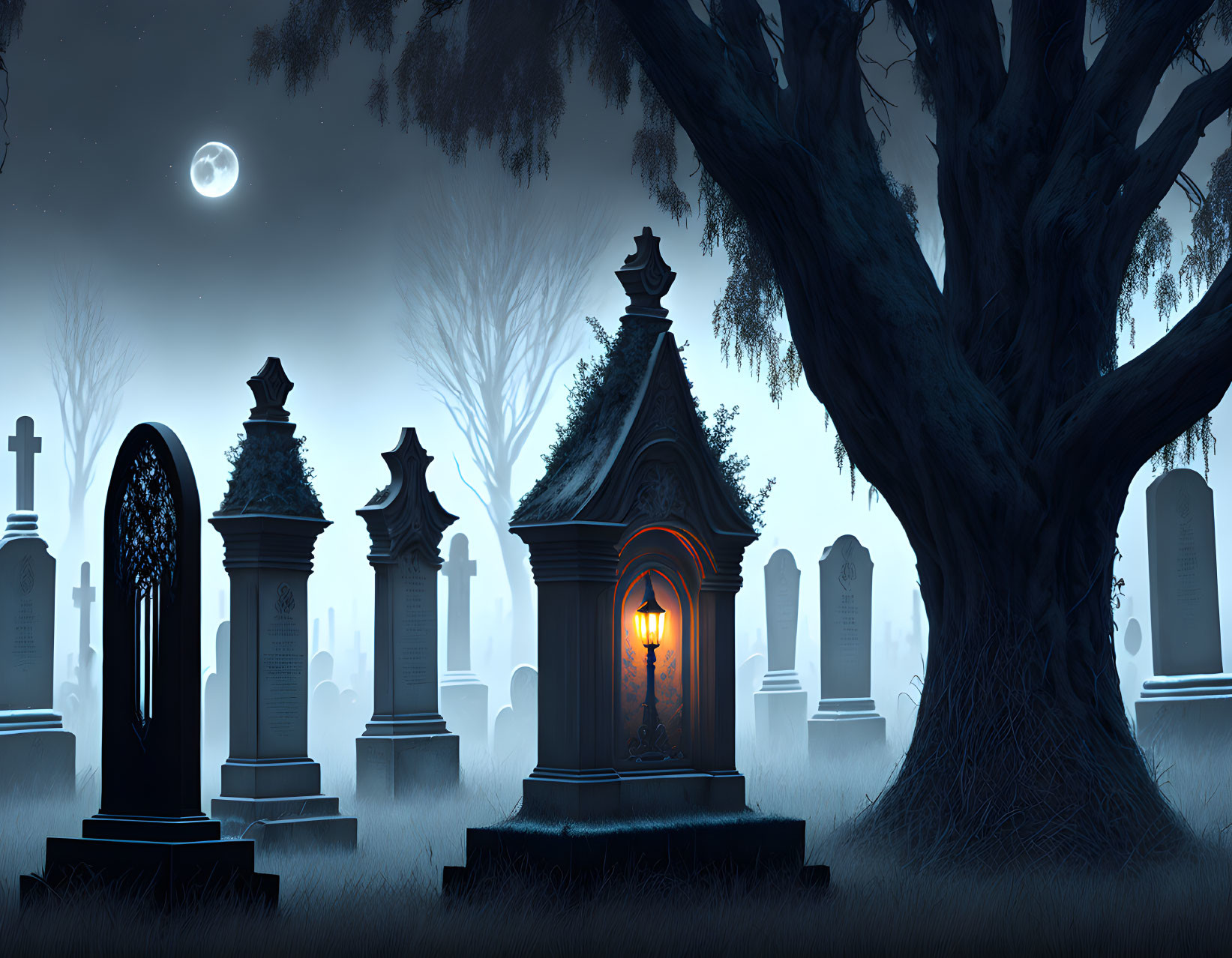Moonlit Cemetery with Tombstones, Lit Mausoleum, and Misty Trees in Blue Atmos