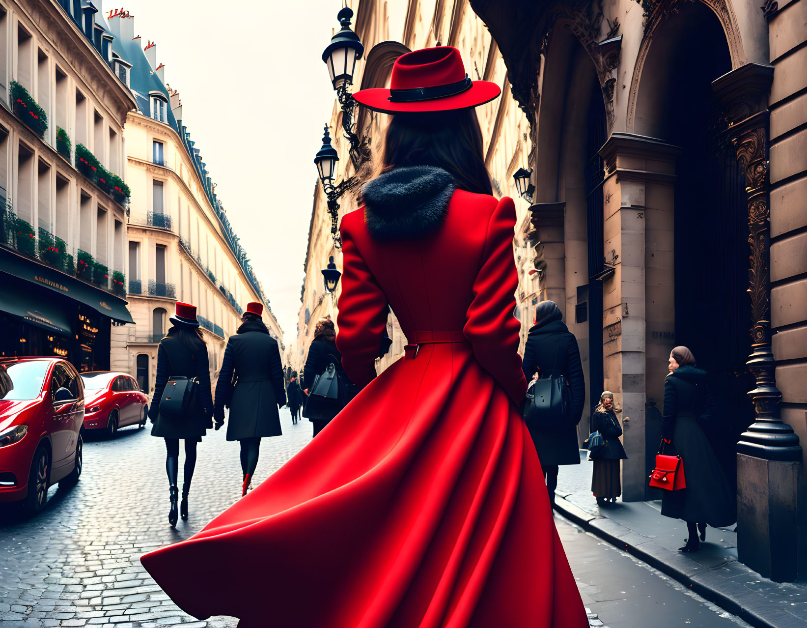 Fashionable woman in red coat and wide-brimmed hat strolling city street with classic architecture.