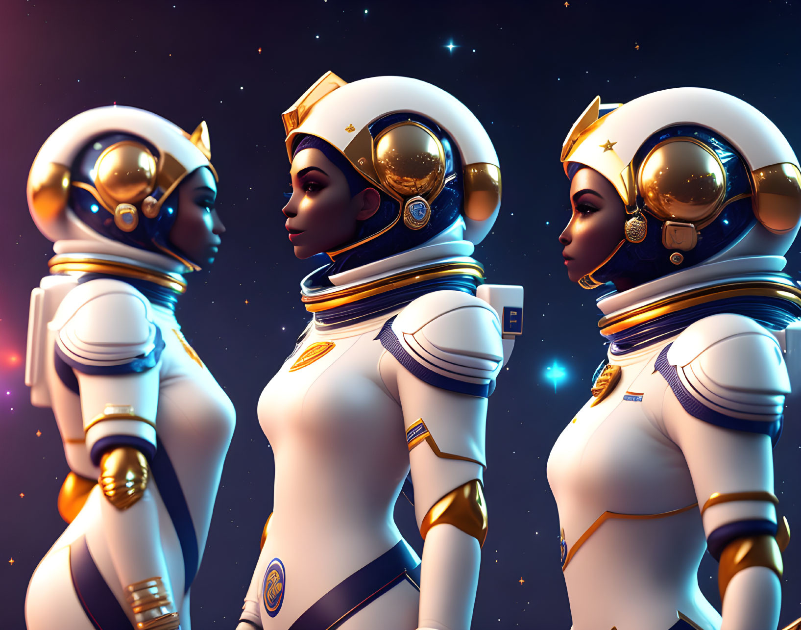 Three female astronauts in white and gold suits on cosmic background