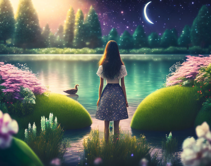 Girl in star-patterned dress by lake under night sky with moon and stars, surrounded by flora and