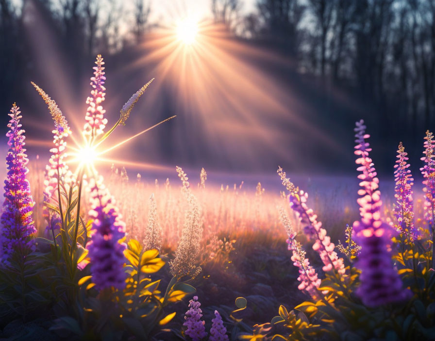 Vibrant purple flowers in sunrise light with bokeh effect