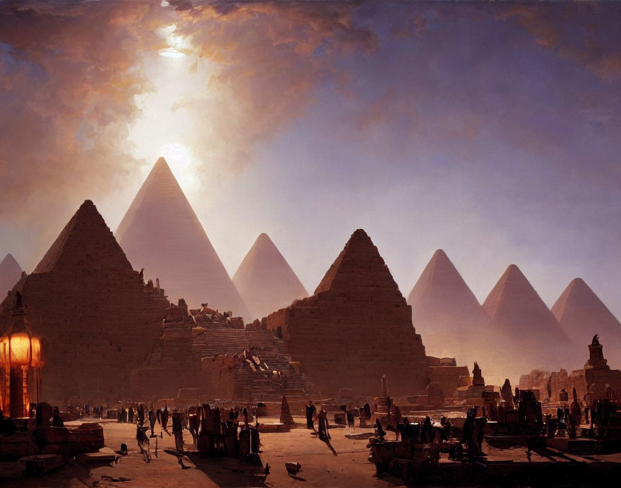 Ancient Egypt painting with pyramids, figures, and hazy sky
