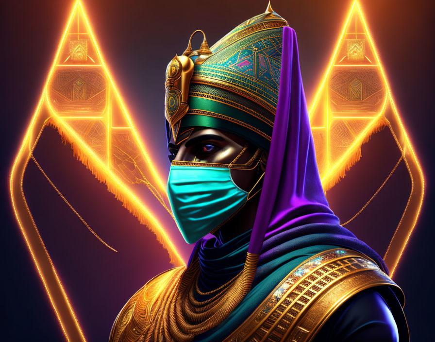 Vibrant blue and gold attire with masked face on dark background with neon triangles