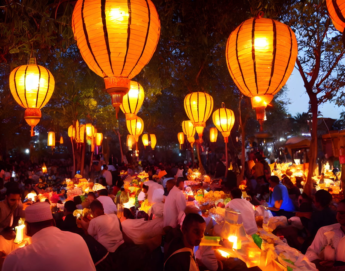 Vibrant night market with glowing lanterns and candlelit tables