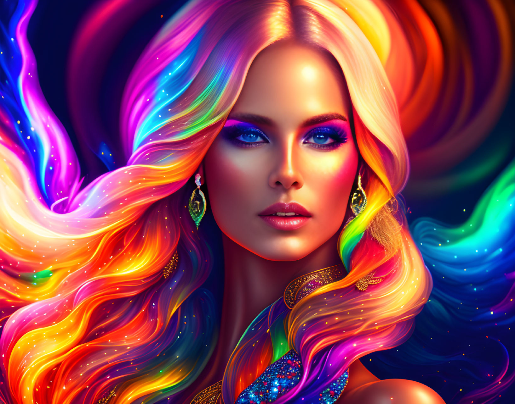 Colorful digital portrait of a woman with flowing hair and blue eyes on rainbow background