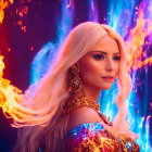 Blonde woman superimposed over fiery cosmic background