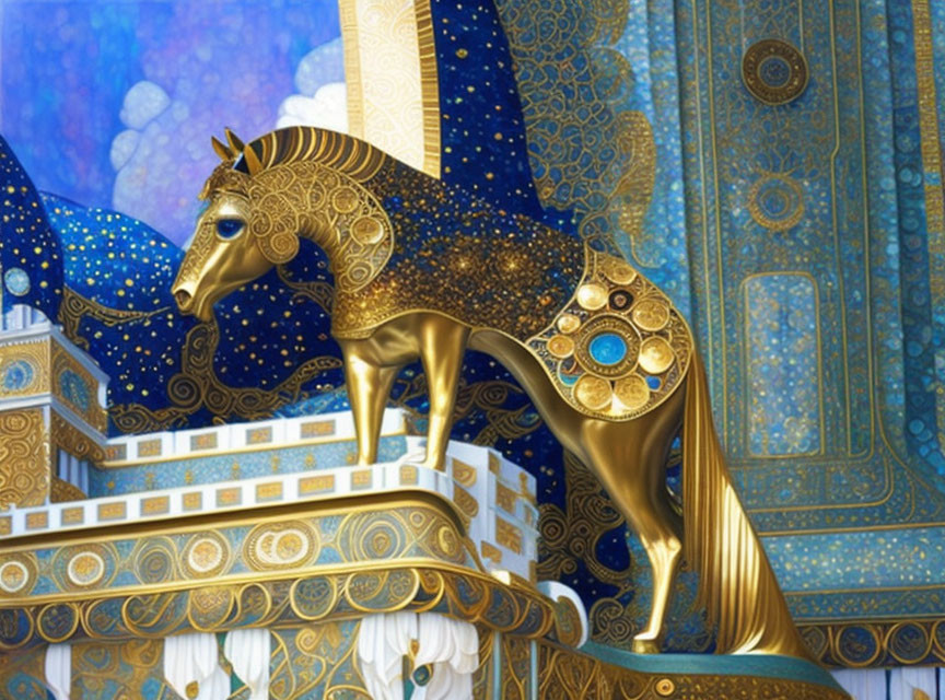 Golden Horse Statue with Intricate Patterns on Blue and White Ornamental Staircase