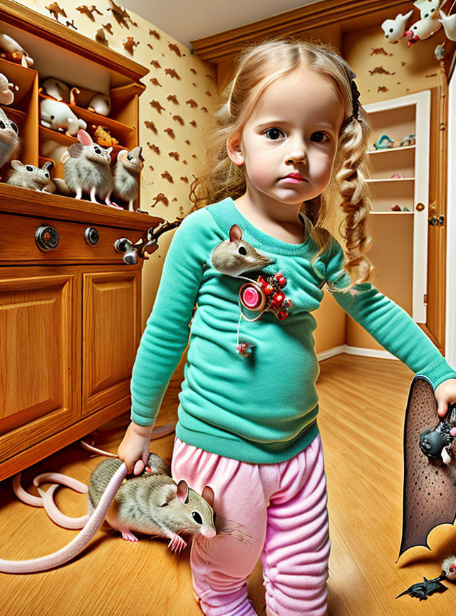Young girl with braided hair in room with squirrels and toy skateboard.