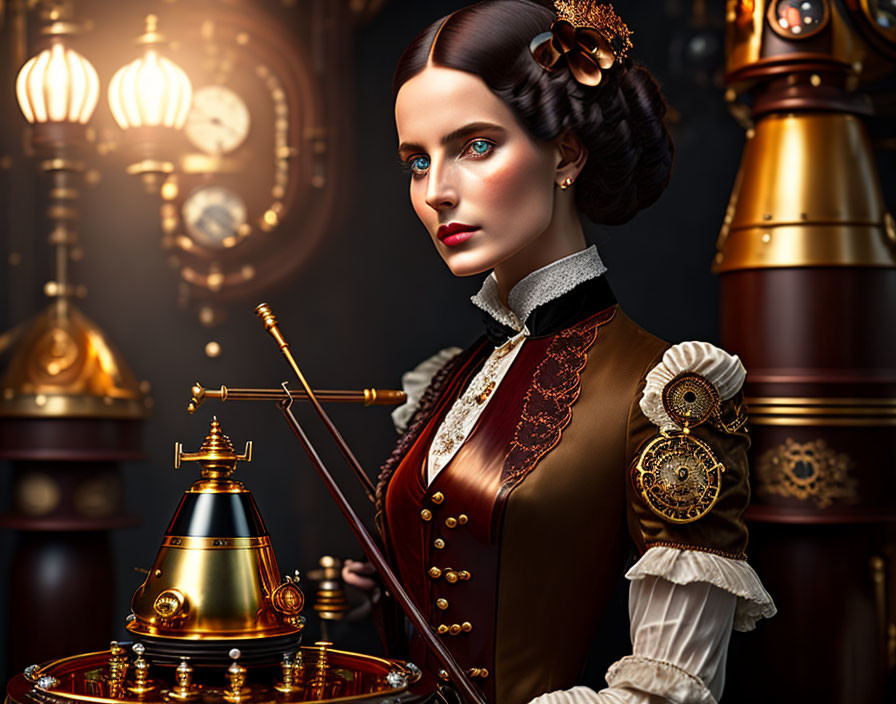 Victorian-era woman in steampunk outfit near brass gears and bell system