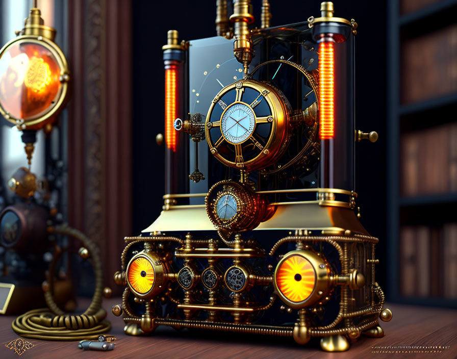 Steampunk-style machine with gears and glowing tubes on a book backdrop