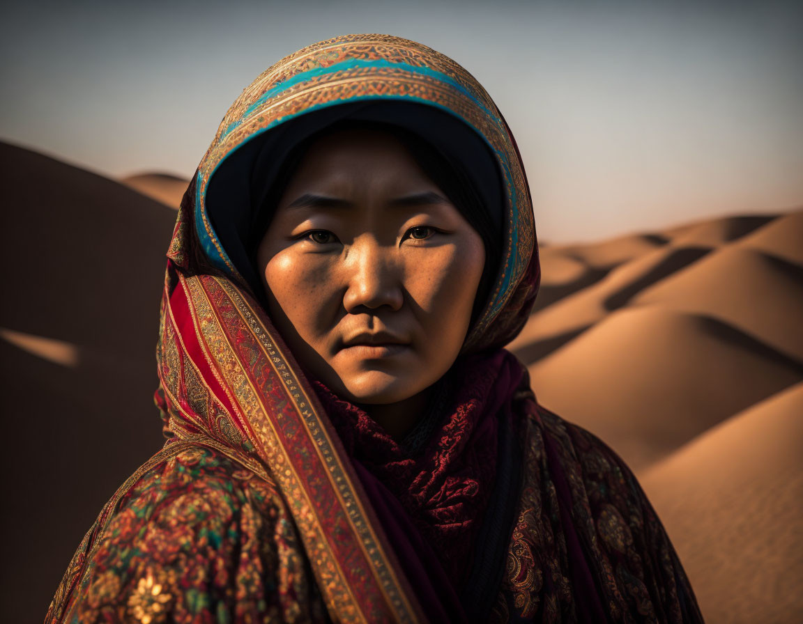 Colorful Headscarf Woman in Desert Landscape