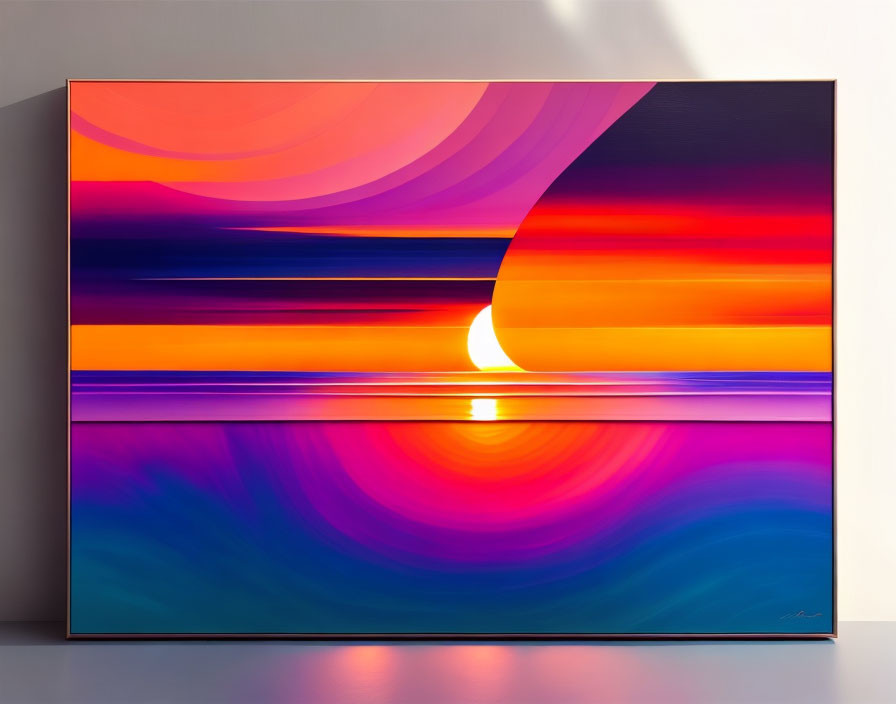 Colorful Sunset Abstract Painting with Rippled Reflection in Room Display