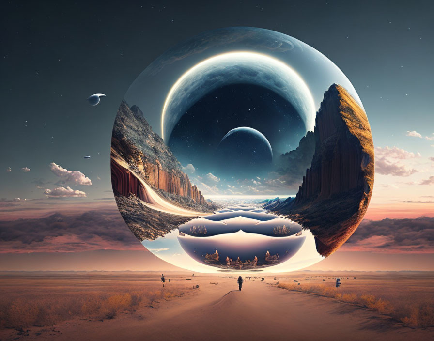 Surreal landscape with giant reflective sphere and tiny figures