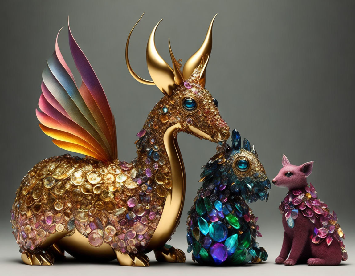 Fantasy creatures: dragon and cat with jewel-encrusted scales and rainbow wing