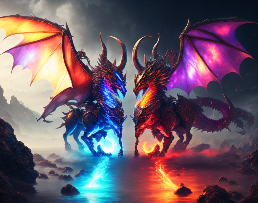 Majestic dragons in blue and red flames against cloudy sunset sky