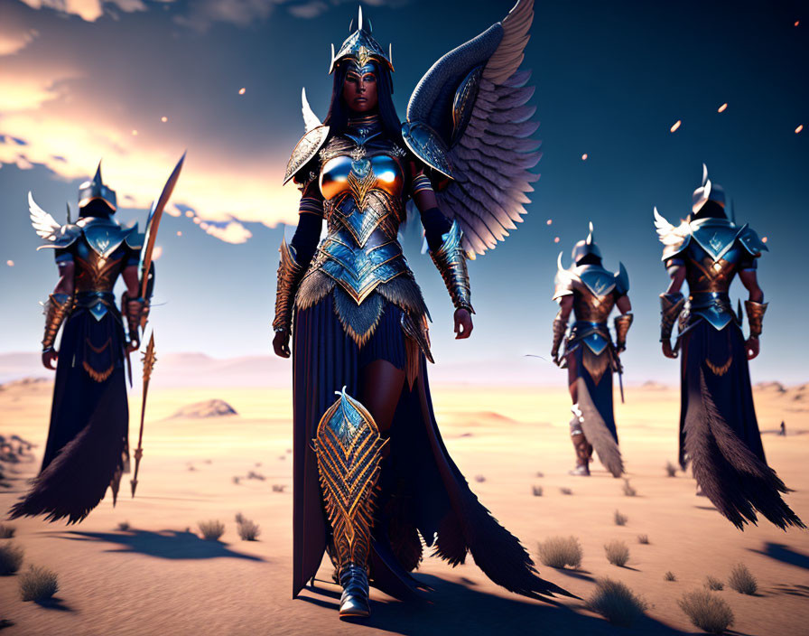 Three warriors in ornate, winged armor walking through a desert under a blue sky