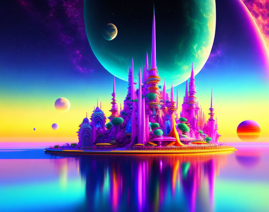 Futuristic cityscape on island with spired buildings, planets, and nebulae