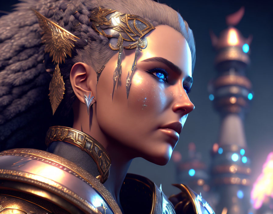 3D-rendered female warrior in blue makeup and golden armor on fantasy backdrop
