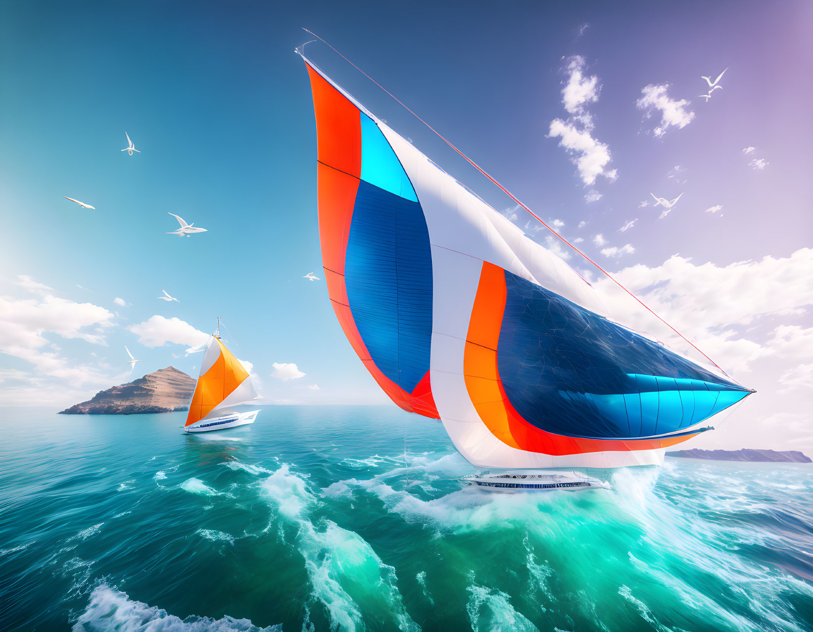 Colorful sailboats on blue ocean with sunny sky and seagulls