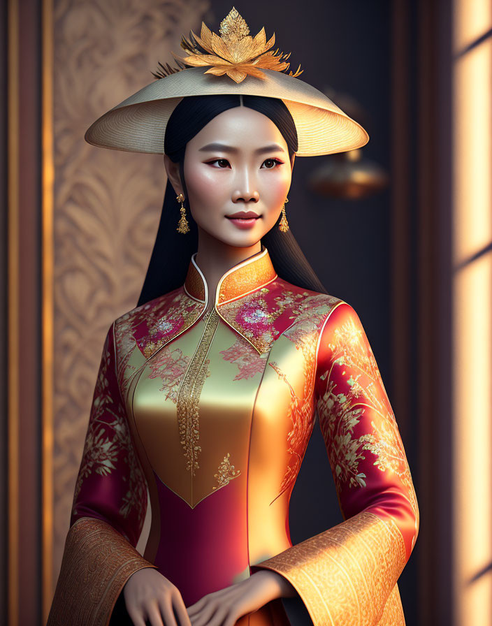 Vietnamese woman wearing the tradional dress & hat