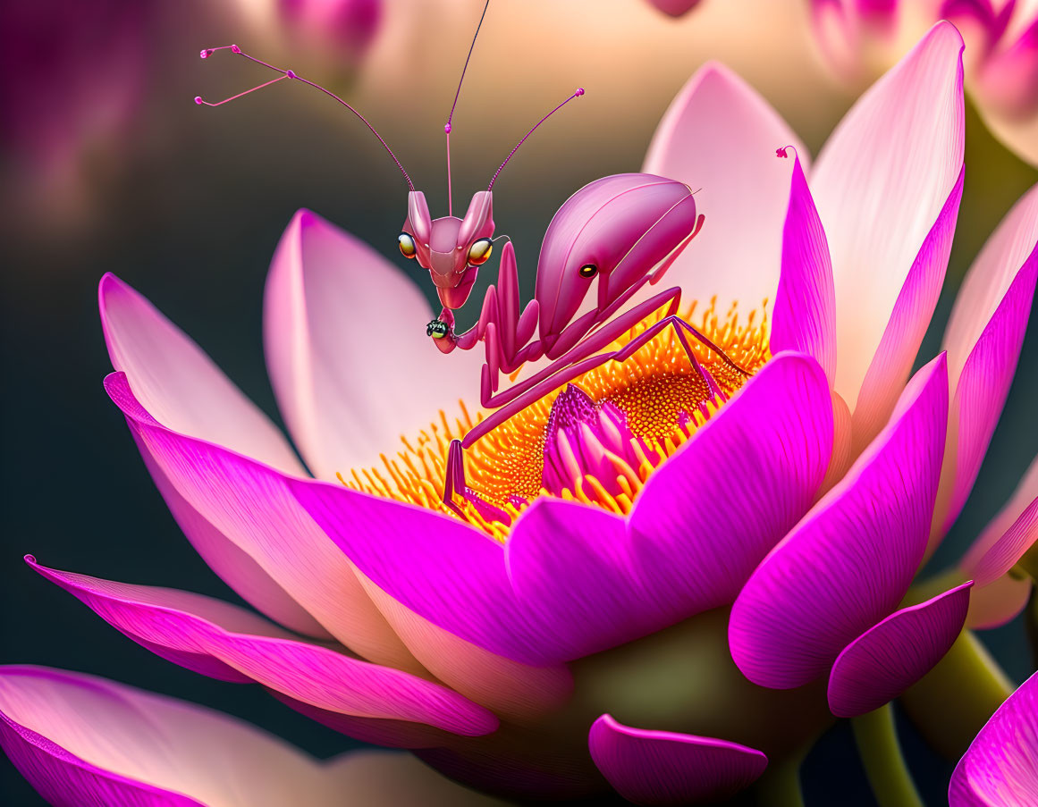 praying mantis and lotus flower