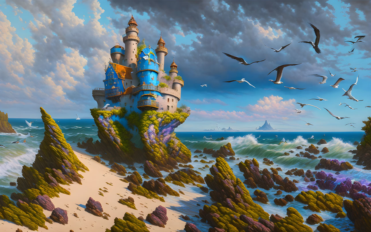 Majestic castle on rugged coastal cliff with spires, ocean, birds, flora, and cloudy