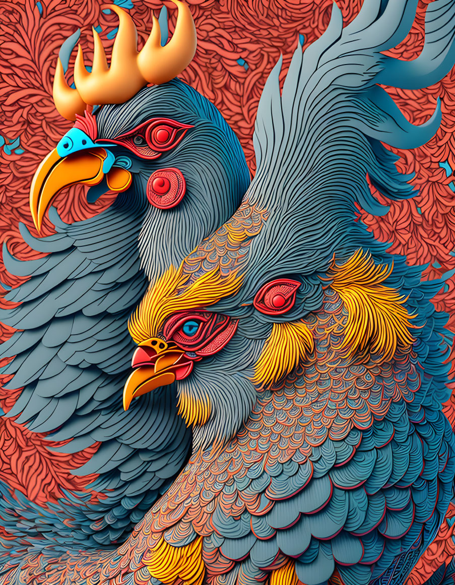 Colorful Stylized Bird Art with Intricate Feathers in Blue, Gold, Red, and